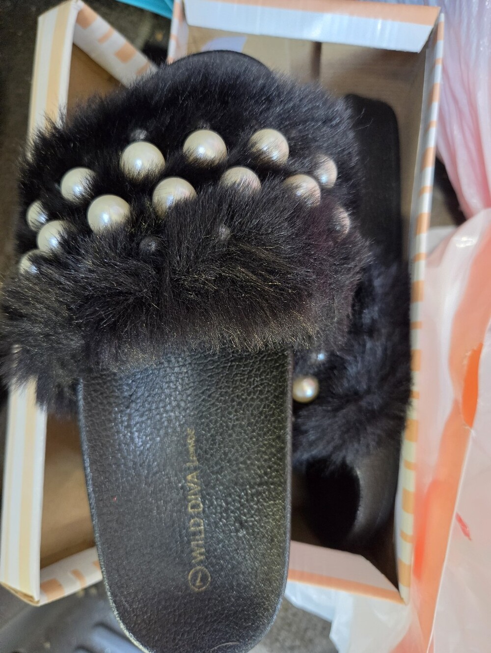 Black Faux Fur Pearl-Embellished Slide Size 7